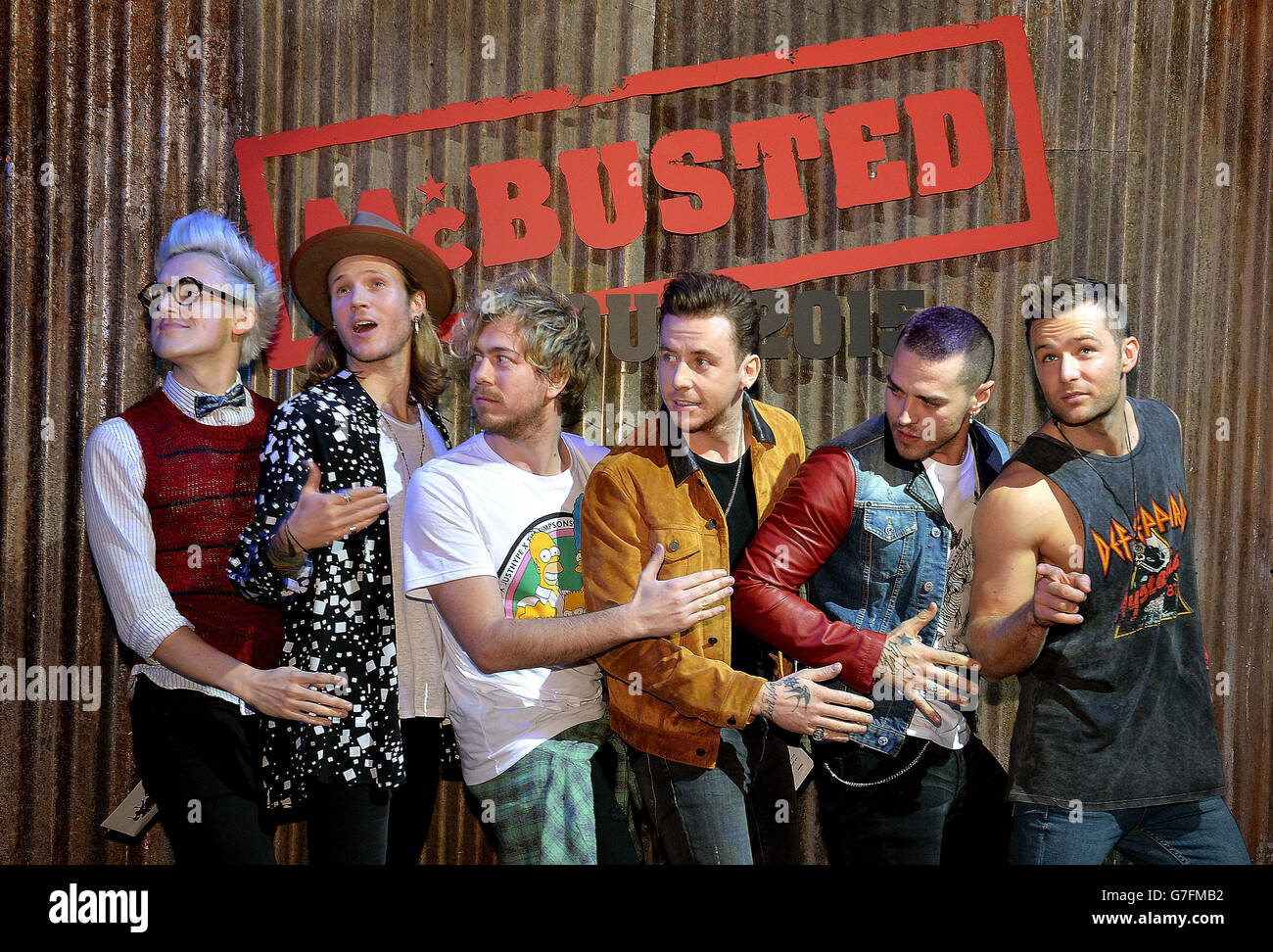 McBusted members (left-right) Tom Fletcher, Dougie Poynter, James Bourne, Danny Jones, Matt Willis and Harry Judd during a press conference at the Hippodrome Casino in central London, where they announced their 2015 tour dates. Stock Photo