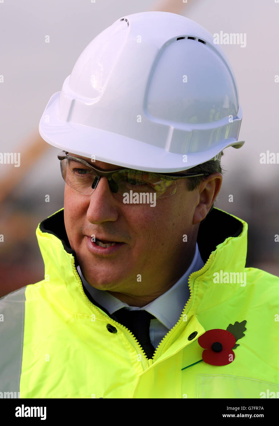 Prime Minister David Cameron during a tour of construction works underway at Cat Thorpe interchange at Swinford in Rugby Warwichshire. Stock Photo