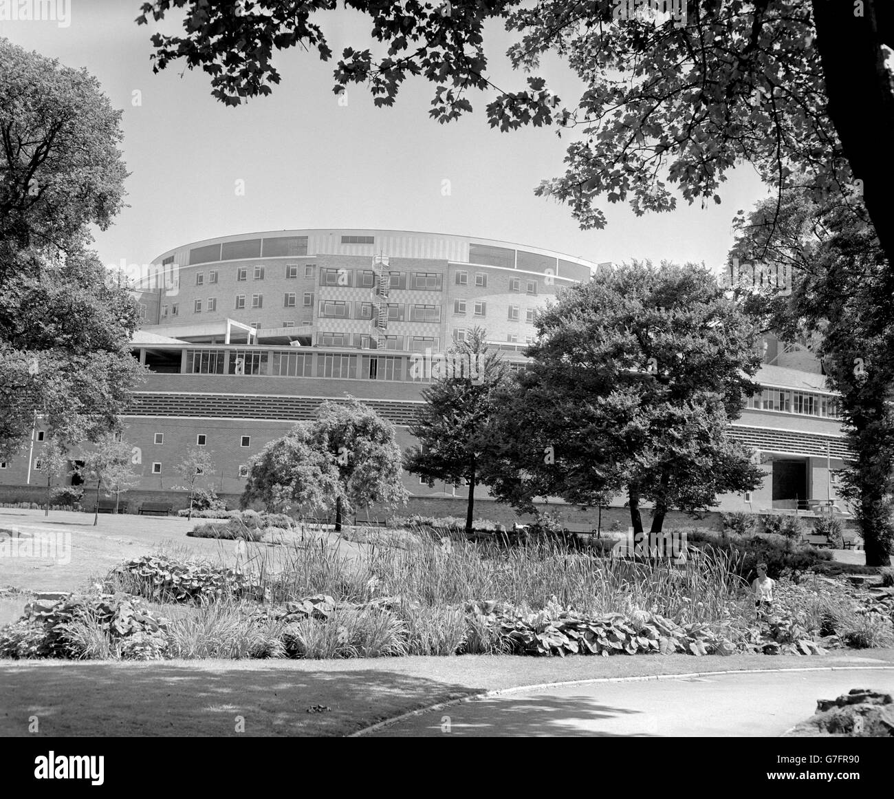 The vast circular building which forms the main block of the British Broadcasting Corporation's 10 million Television Centre in Wood Lane. When finished the building, shaped like a qiant question mark, and designed by Mr Graham Dawbarn, FRIBA, will be Europe's biggest TV centre. Stock Photo