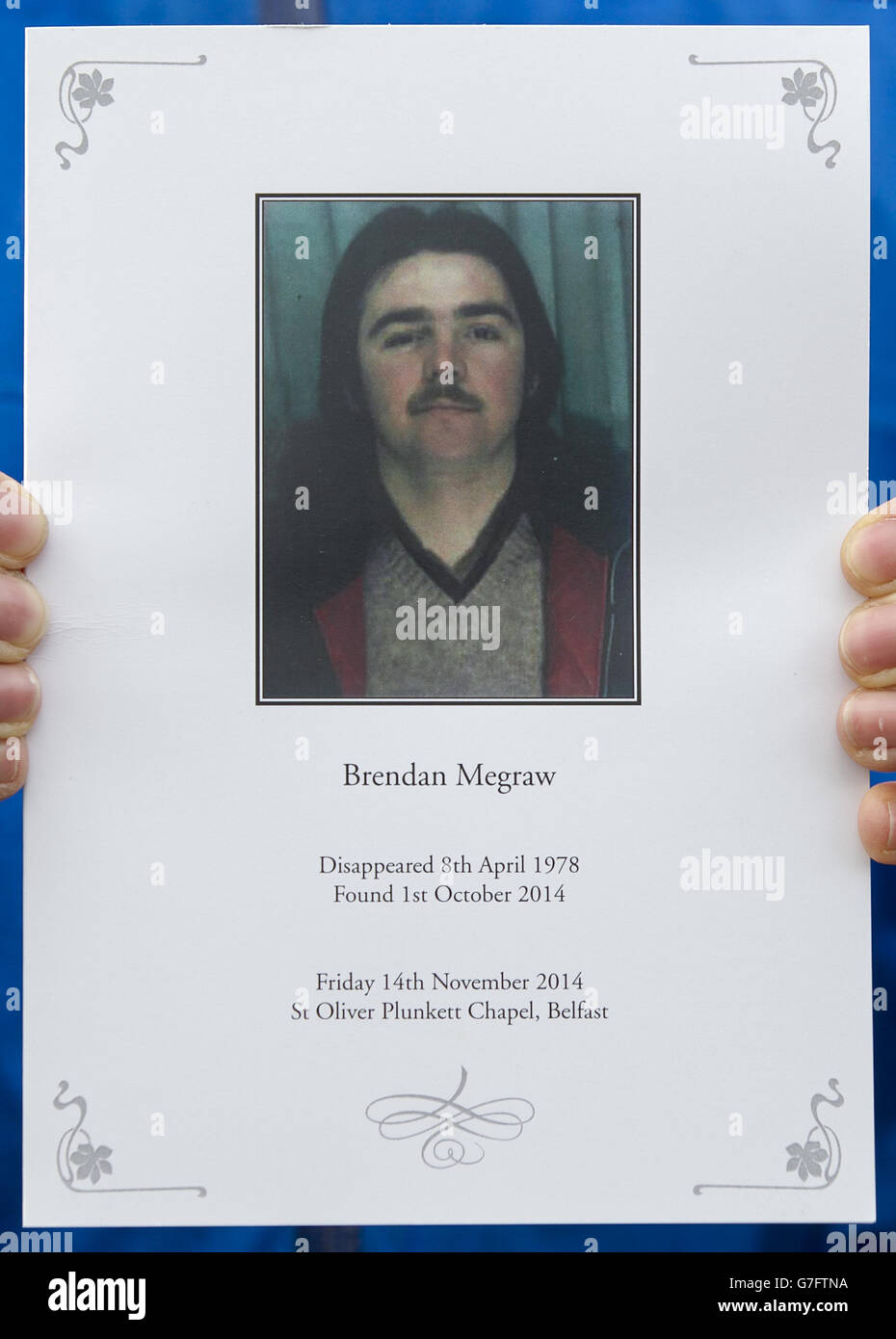 The funeral mass card of Disappeared victim Brendan Megraw at St Oliver  Plunkett Church, Belfast where a service was held, following the discovery  of his remains last month, in a remote bog