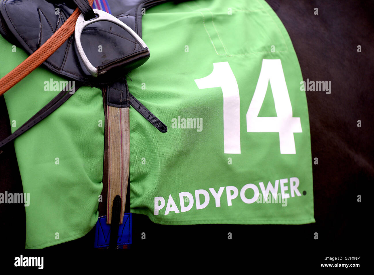 Detail of a saddlecloth with Paddypower branding at Cheltenham Racecourse. Stock Photo