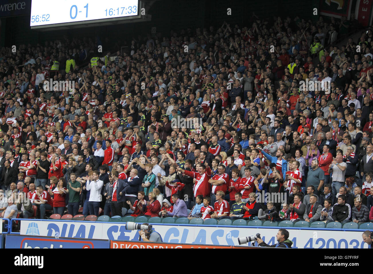 Middlesbrough fans in the away end at Huddersfield Town's John Smith