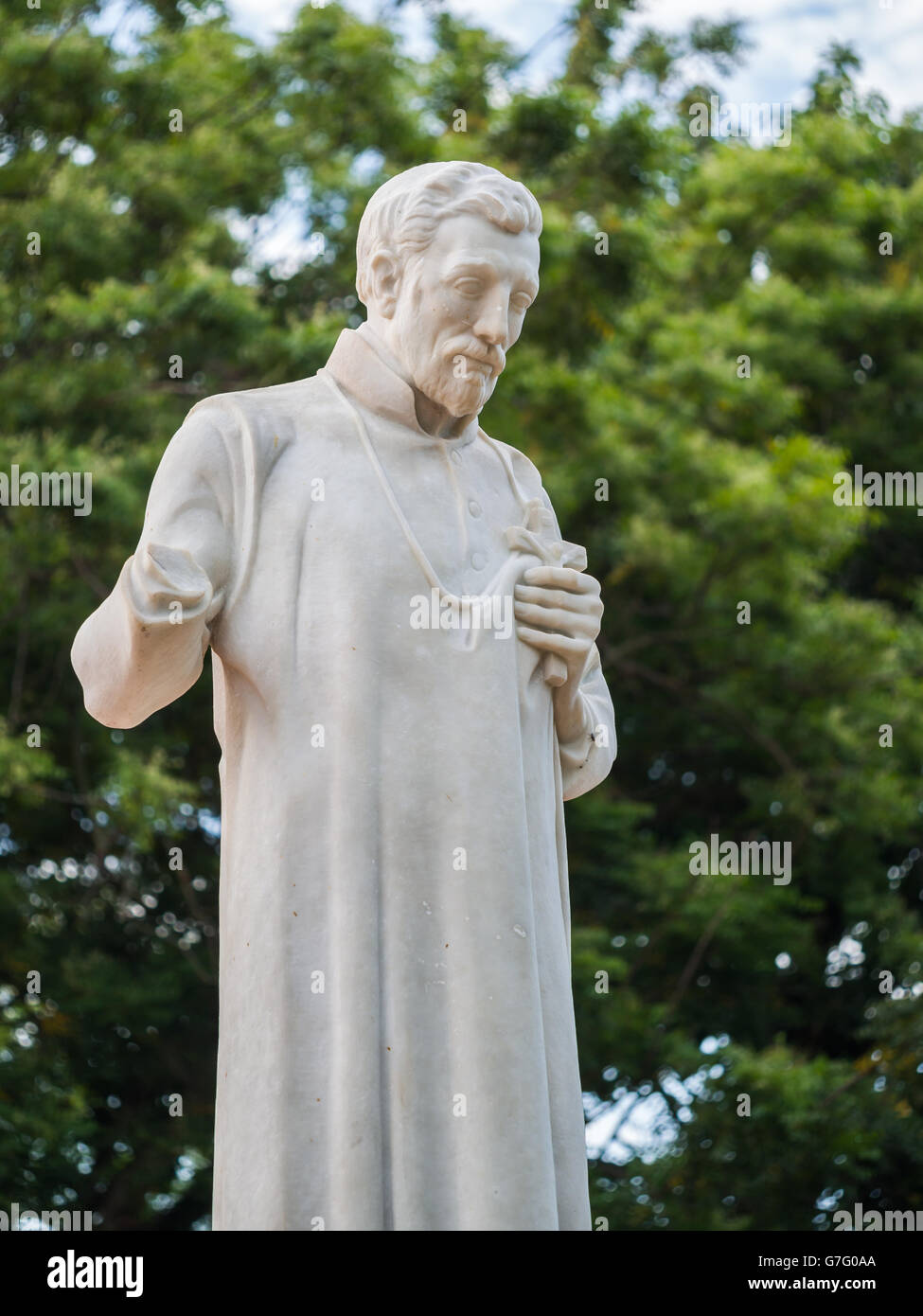 St. Francis Xavier statue in front of the ruins of St Paul's Church in Malacca, Malaysia. Stock Photo
