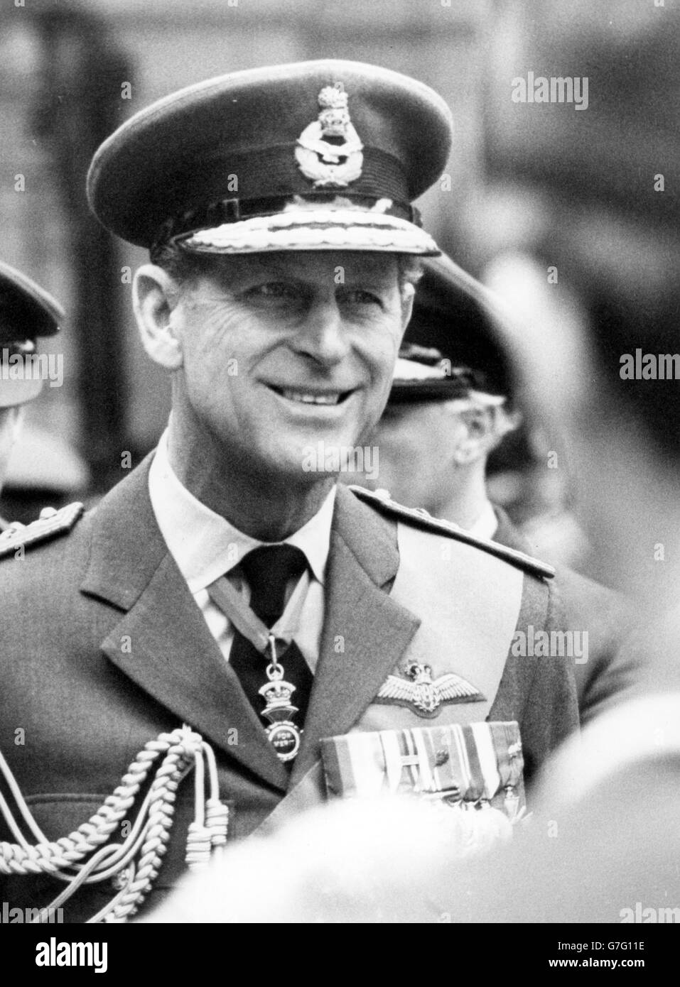 The Duke of Edinburgh inspecting Air Cadets outside St Clement Danes Church in Fleet Street, London, after attending a thanksgiving service where, as Air Commodore-in-Chief, he presented a new banner to the Air Training Corps. *Scanned low-res from print, high-res available on request* Stock Photo
