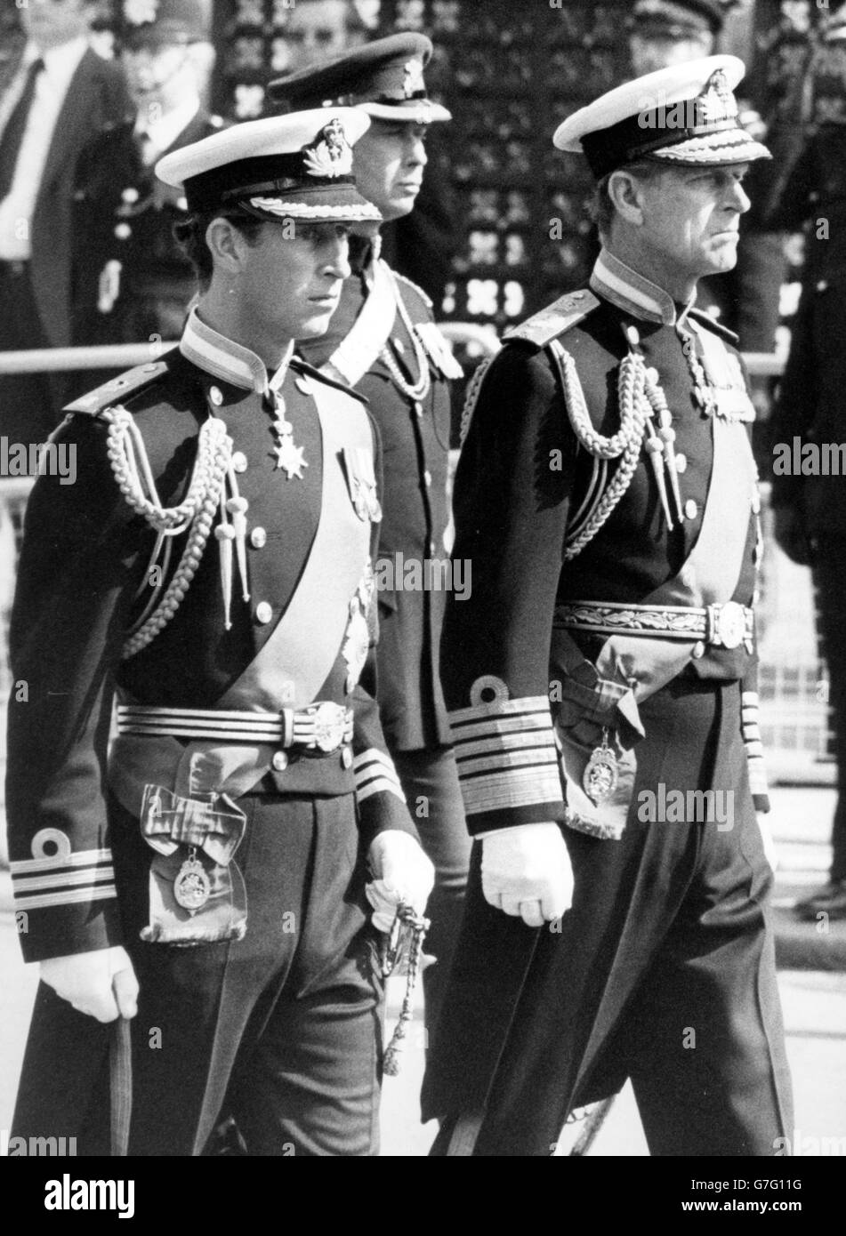 The Duke of Edinburgh and Prince Charles follow the coffin of Earl Mountbatten as the funeral procession makes its way along the Mall en-route from St James's Palace for the service at Westminster Abbey. *Scanned low-res from print, high-res available on request* Stock Photo