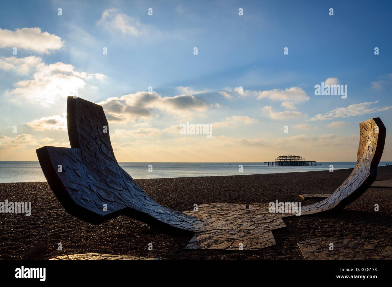 Abstract sculpture by Charles Hadcock on Brighton beach in England, UK. West Pier in the background. November 2010. Stock Photo