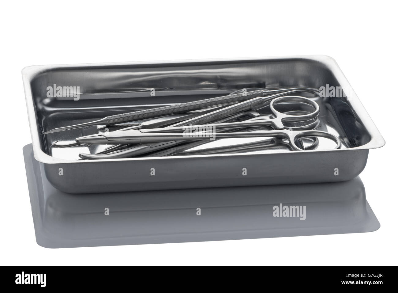 Tray with surgical tools from stainless steel isolated on a white