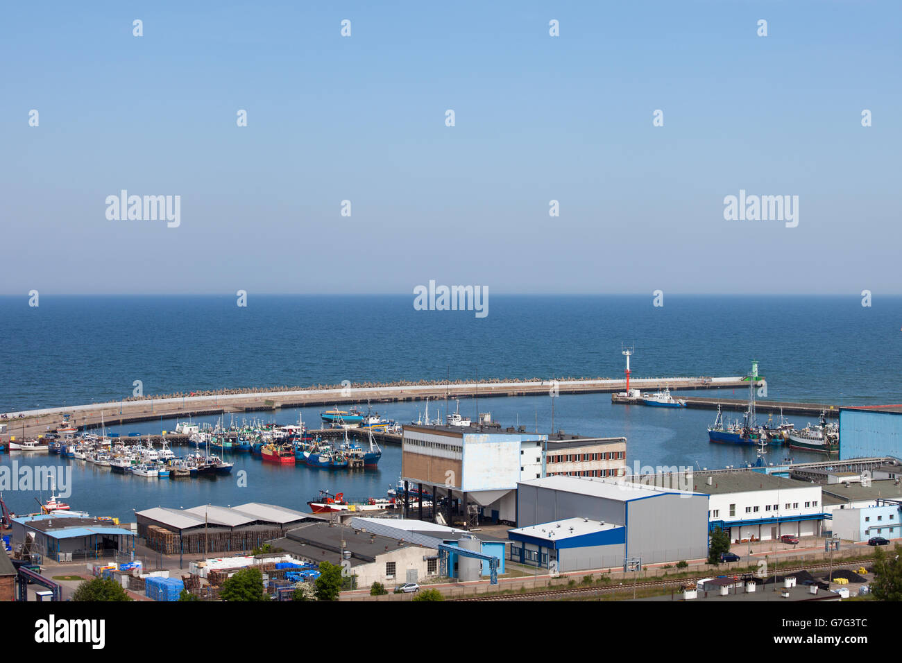 Fishing boats, trawlers in Wladyslawowo Port at Baltic Sea in Poland, view from above Stock Photo