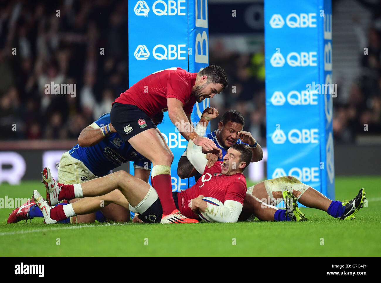 Rugby Union - QBE International 2014 - England v Samoa - Twickenham. England's Jonny May celebrates scoring their first try during the QBE International match at Twickenham, London. Stock Photo