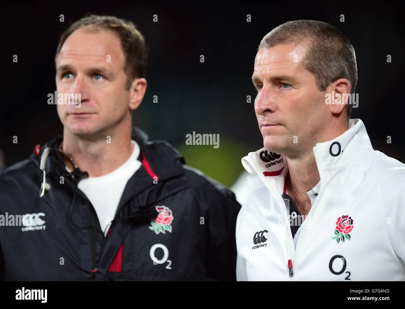 Rugby Union - QBE International 2014 - England v Samoa - Twickenham. England's Coach Stuart Lancaster with attacking skills Coach Mike Catt during the QBE International match at Twickenham, London. Stock Photo