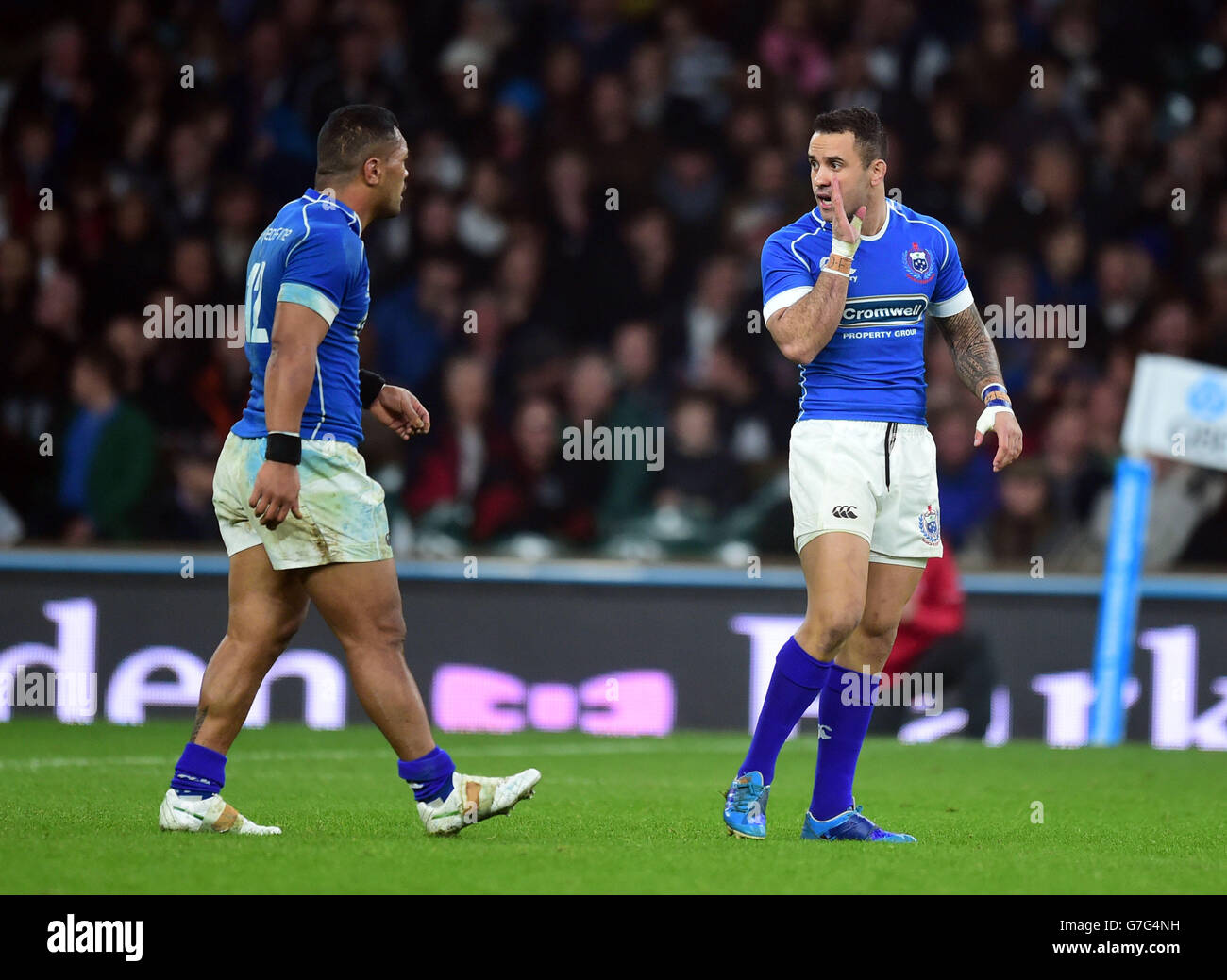 Samoa's Michael Stanley (right) during the QBE International match at Twickenham, London. PRESS ASSOCIATION Photo. Picture date: Saturday November 22, 2014. See PA Story RUGBYU England. Photo credit should read: Adam Davy/PA Wire. Stock Photo