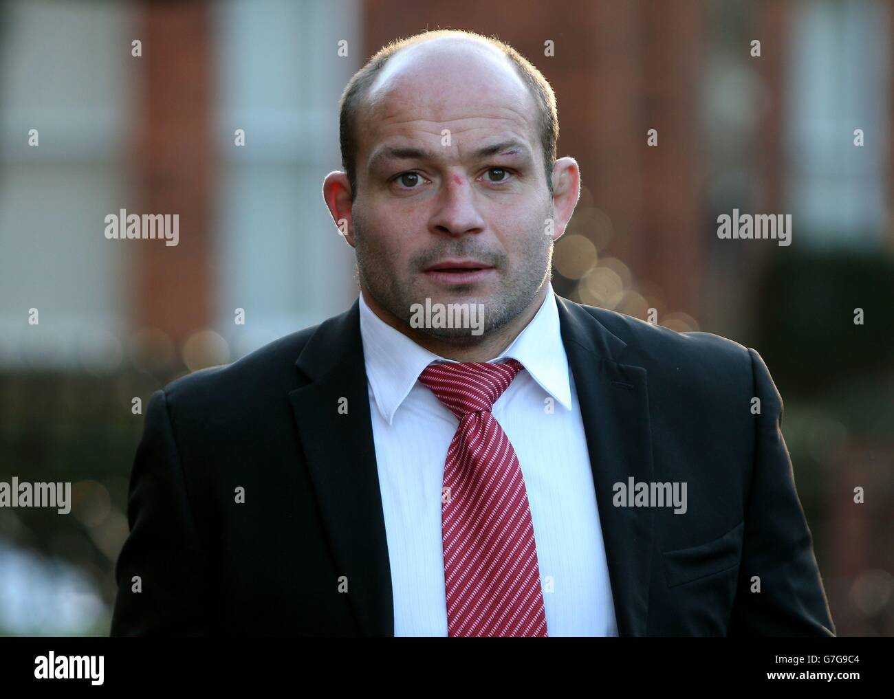 Ireland and Ulster rugby player Rory Best arrives at Fisherwick Presbyterian Church for a thanksgiving service for Irish rugby player Jack Kyle, who died last week aged 88. Stock Photo