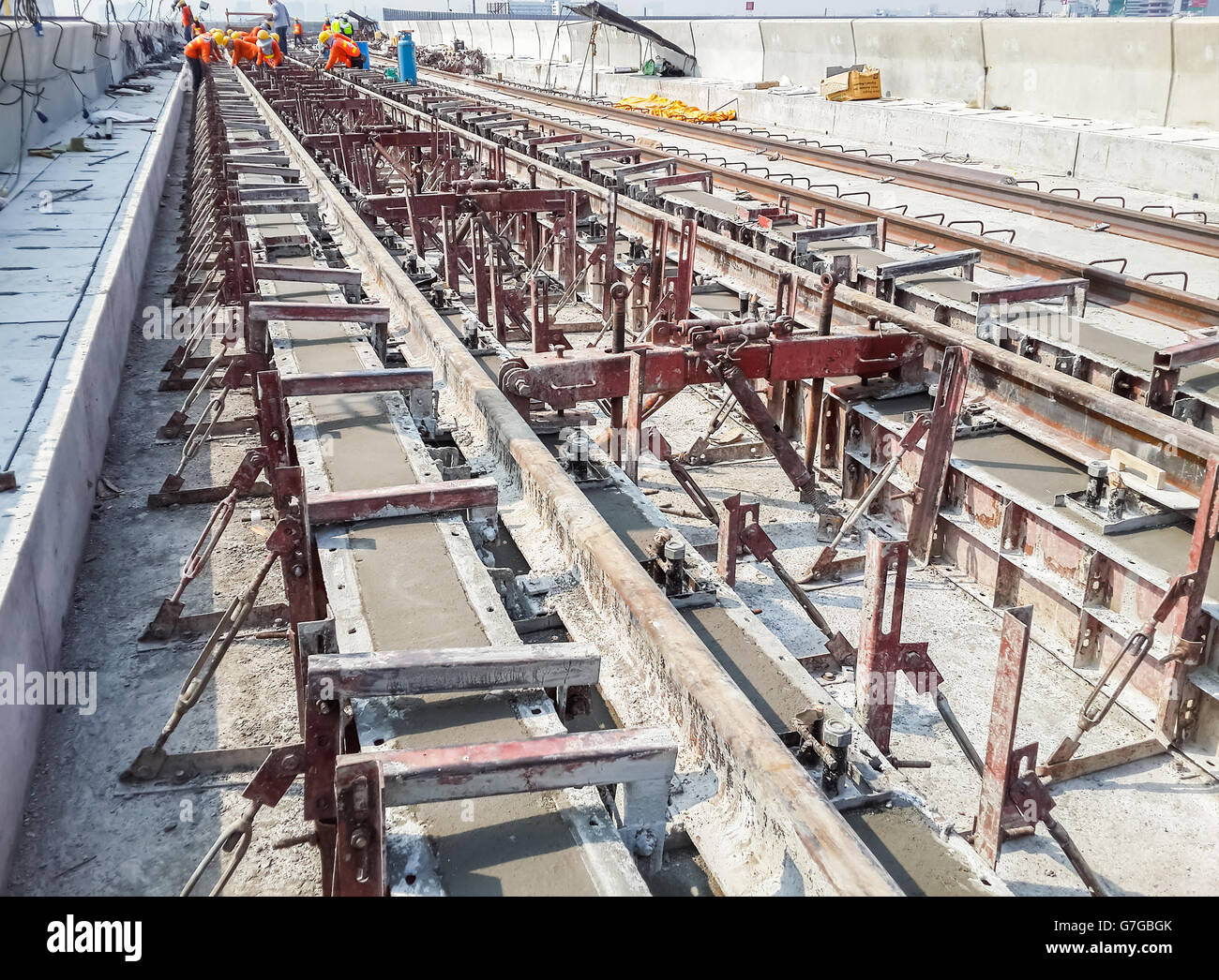 Construction work on site of railway concrete track Stock Photo