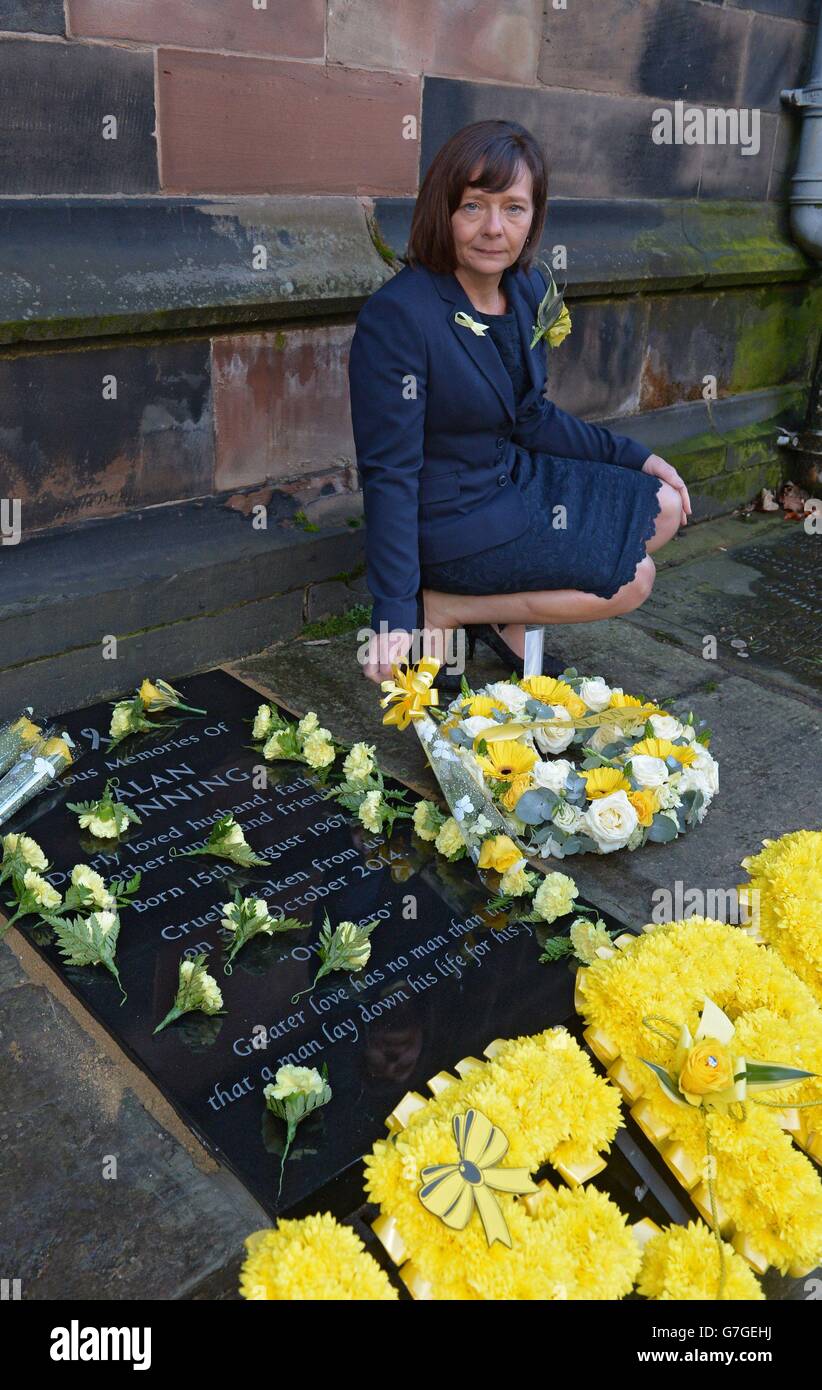 Barbara Henning, the widow of Alan Henning, unveils a memorial stone at ...