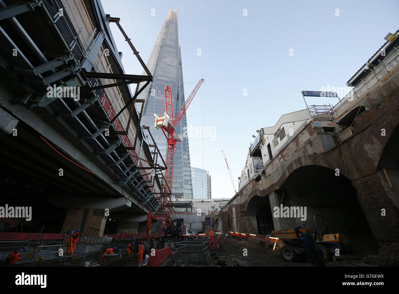 Construction work on what will eventually be the concourse area below the new platforms ten (top right) and eleven (top left) at London Bridge railway station, Southwark, London as the capital's oldest station undergoes rebuilding as part of the &pound;6.5bn Thameslink Programme. Stock Photo