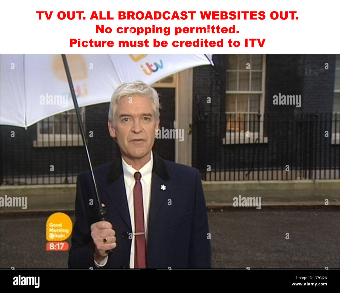 TV OUT. ALL BROADCAST WEBSITES OUT. No cropping permitted. Picture must be credited to ITV. We are advised that videograbs should not be used more than 48 hours after the time of original transmission, without the consent of the copyright holder. Video grab taken from ITV of Philip Schofield speaking from Downing Street, London, as the TV presenter attempted his his 24-hour broadcasting challenge as part of the build-up to ITV's annual Text Santa fundraiser this month. Stock Photo