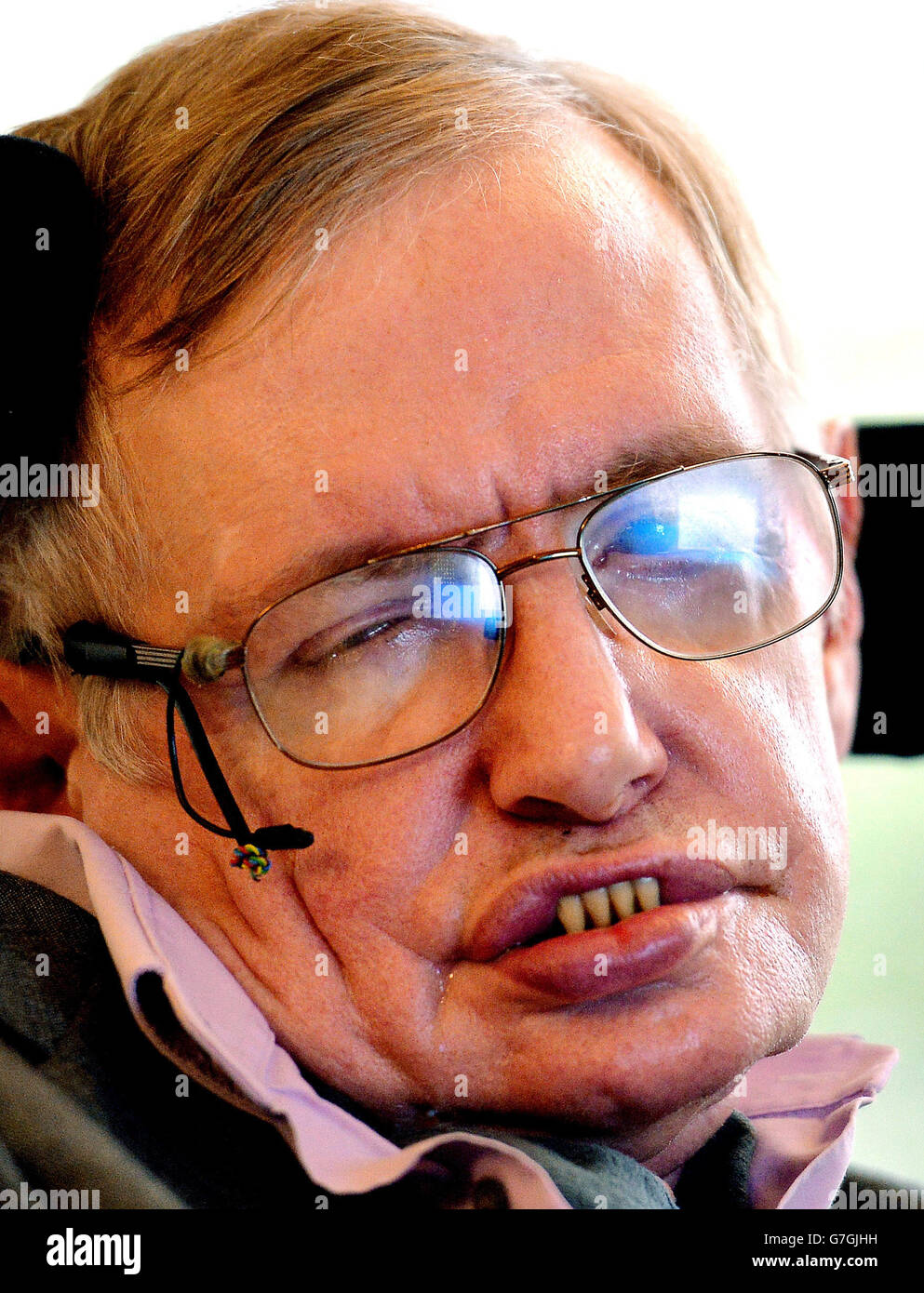 Professor Stephen Hawking using the new Intel eye direction sensor at a press conference in partnership with Intel, where new developments in technology will help people with ALS (amyotrophic lateral sclerosis) communicate better with newer technology, at the Savoy Hotel in London. Stock Photo