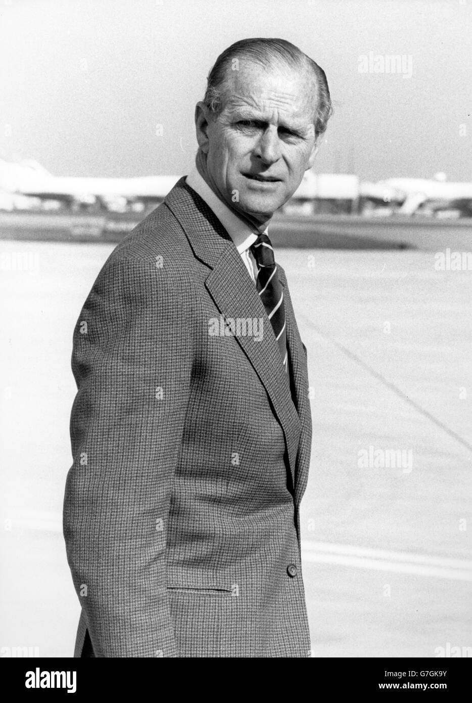 Prince Philip at Heathrow Airport when he left to join the Queen in Canada. *Scanned low-res from print, high-res available on request* Stock Photo