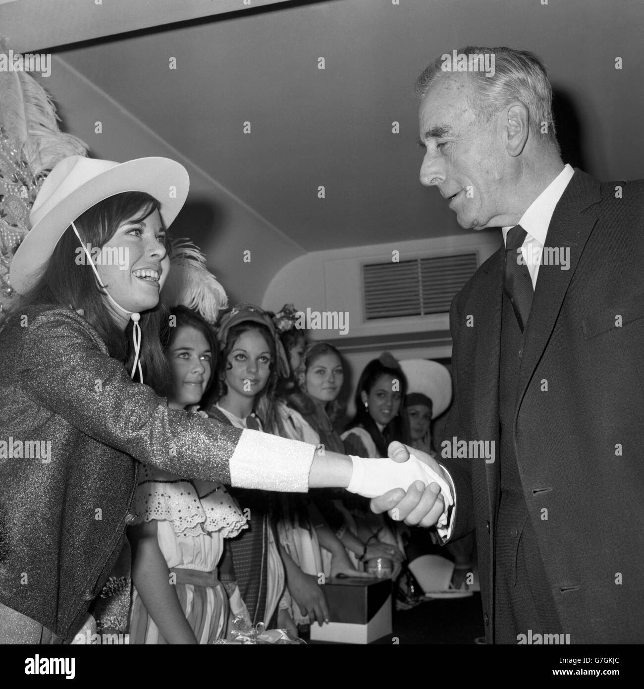 Earl Mountbatten of Burma greets Miss Canada Jacqui Perrin at the Variety Club of Great Britain's luncheon at the Savoy Hotel. Stock Photo