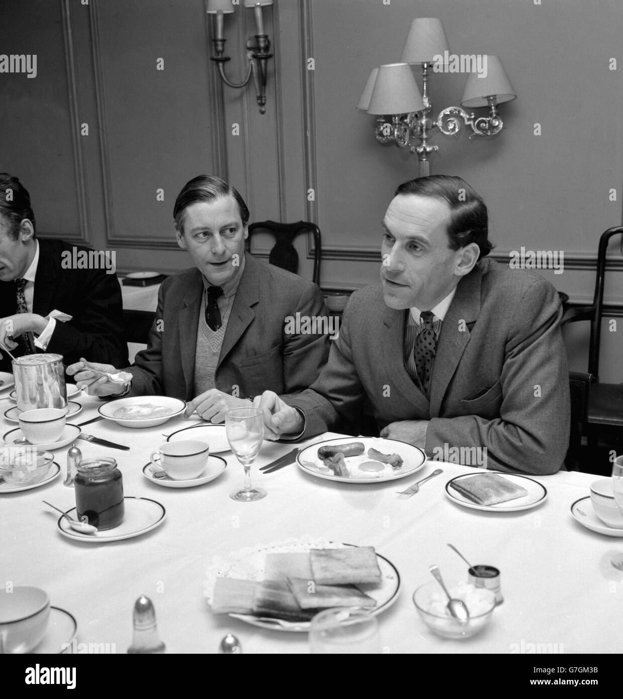 Liberal leader Jeremy Thorpe (right) and Eric Lubbock MP at a breakfast meeting of Liberal Party members at the Reform Club in Pall Mall. Stock Photo