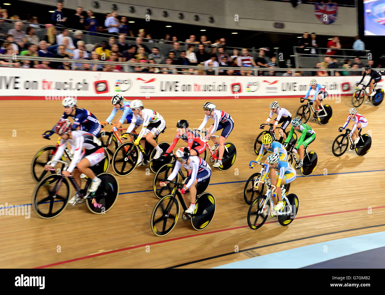 Action from the Womens Point Race during the UCI Track Cycling World Cup at the Lee Valley Velopark, London Stock Photo