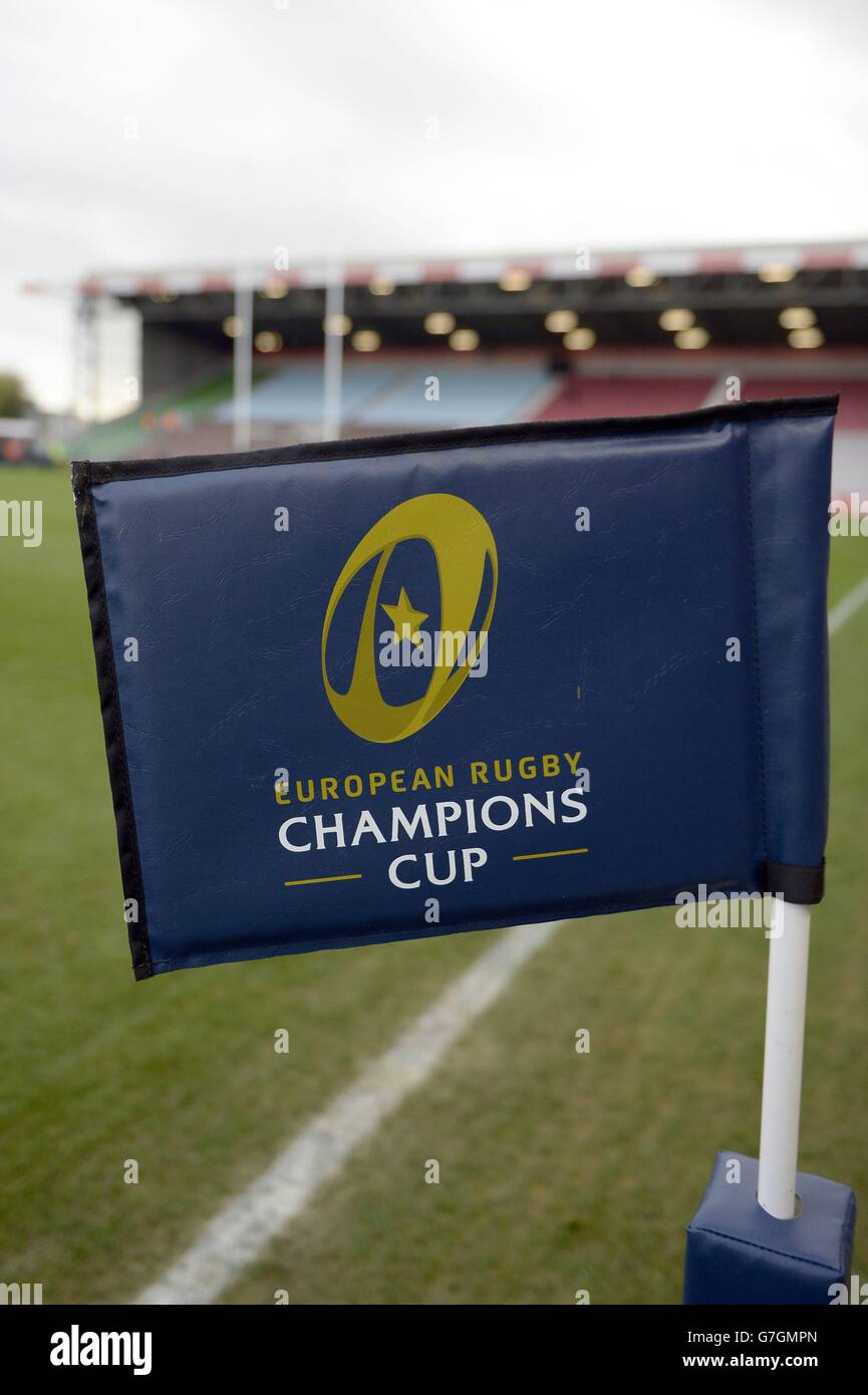 European Rugby Champions Cup Branding On A Flag Before The Pool Two Match Of The European Rugby Champions Cup At Twickenham Stoop Twickenham Stock Photo Alamy