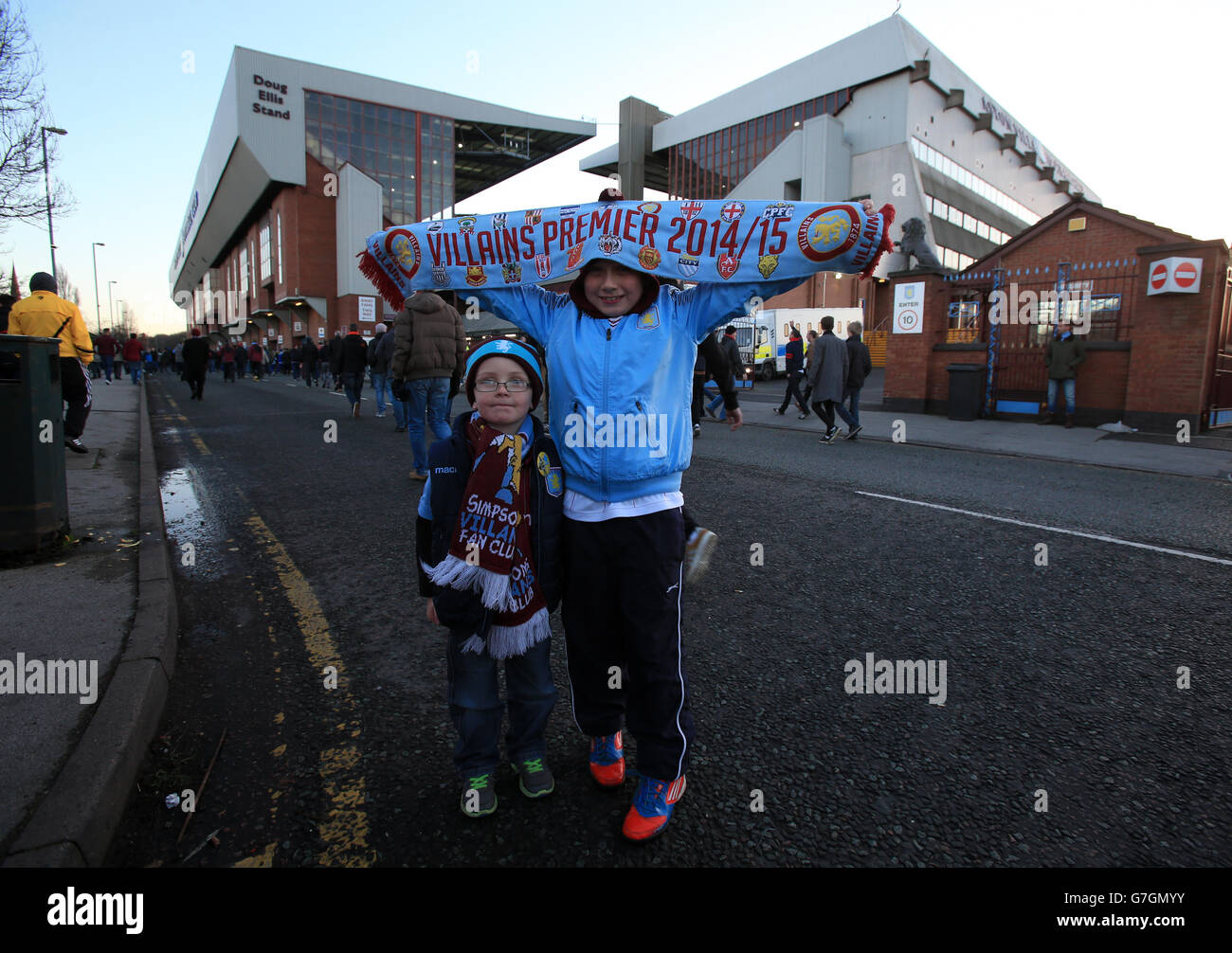Aston Villa fans Austin and Jensen from great Wyrley prior to the Barclays Premier League match at Villa Park, Birmingham. Stock Photo