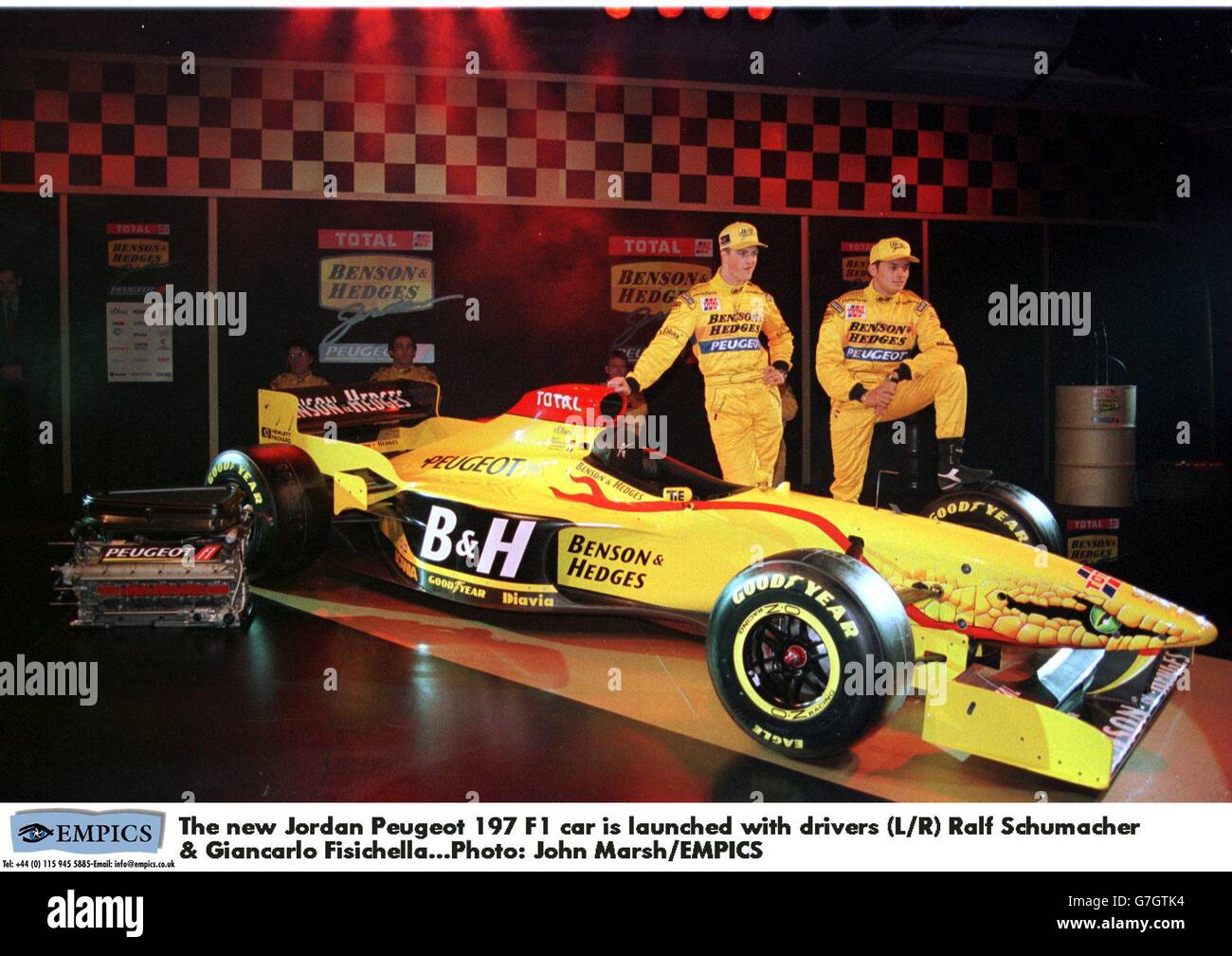 Motor Racing; Jordan GP Formula One launch, London. The new Jordan Peugeot  197 F1 car is launched with drivers (L/R) Ralf Schumacher & Giancarlo  Fisichella Stock Photo - Alamy