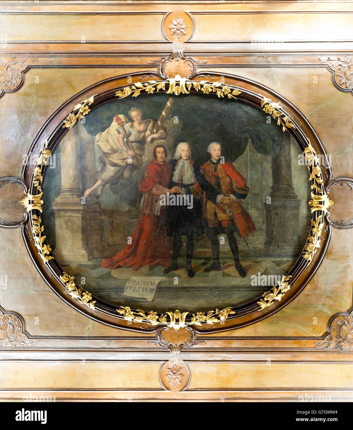 18th century painting on stucco (possibly by Joana do Salitre) depicting the Marquis of Pombal and his brothers in Palacio de Oe Stock Photo
