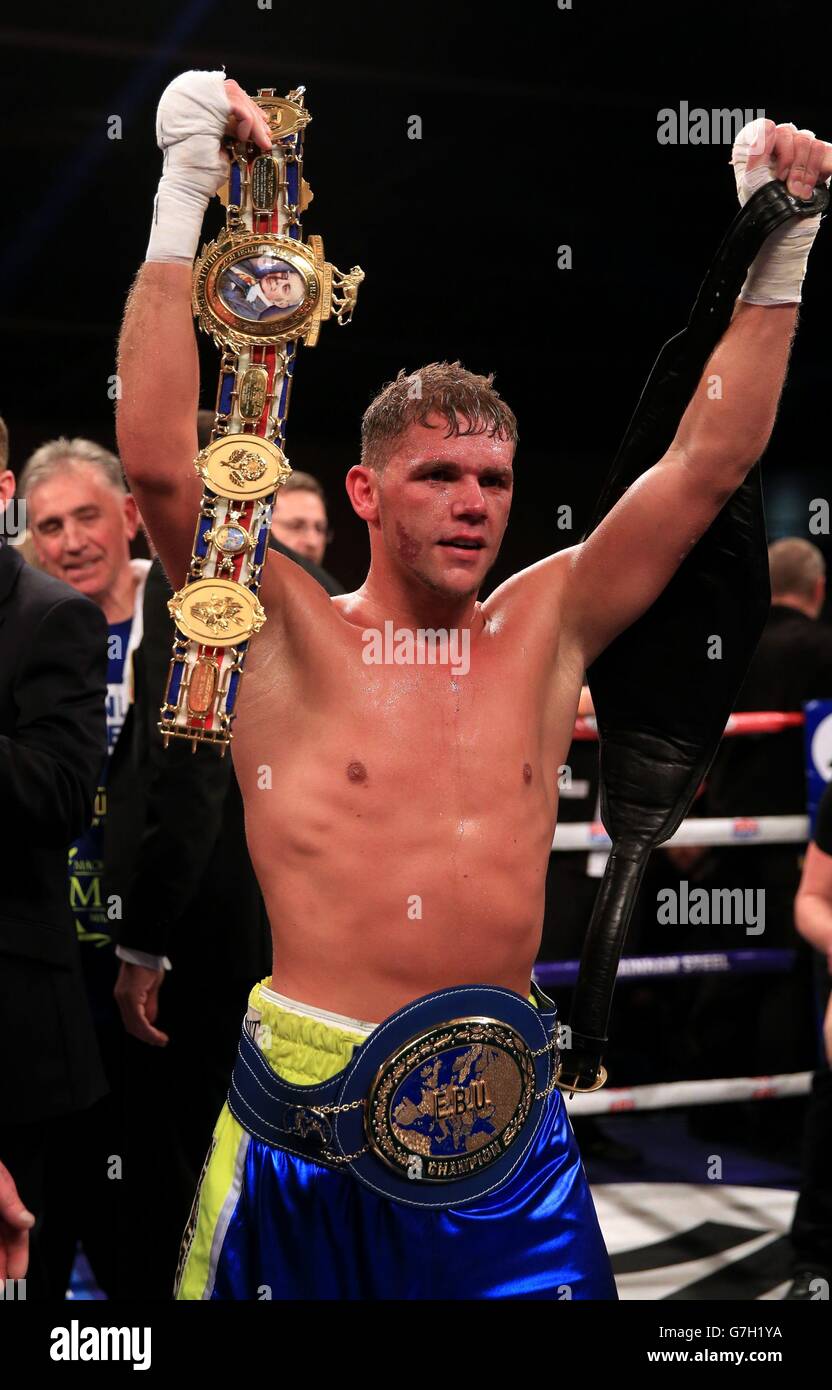 Billy Joe Saunders celebrates beating Chris Eubank Junior in their British European and Commonwealth middleweight title fight at the ExCel Arena, London. Stock Photo