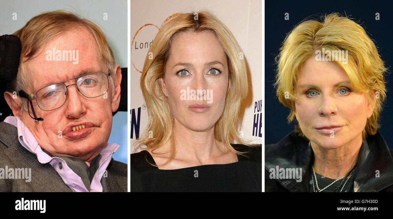 File photos of (from the left) Stephen Hawking, Gillian Anderson and Patricia Cornwell. Stock Photo