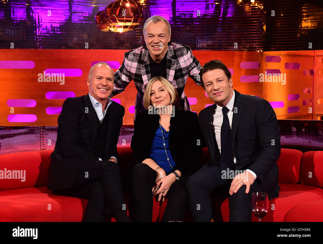 (Left - right) Michael Keaton, Graham Norton (top), Victoria Wood and Jamie Oliver during filming of the Graham Norton Show at the London Studios, in central London. Stock Photo