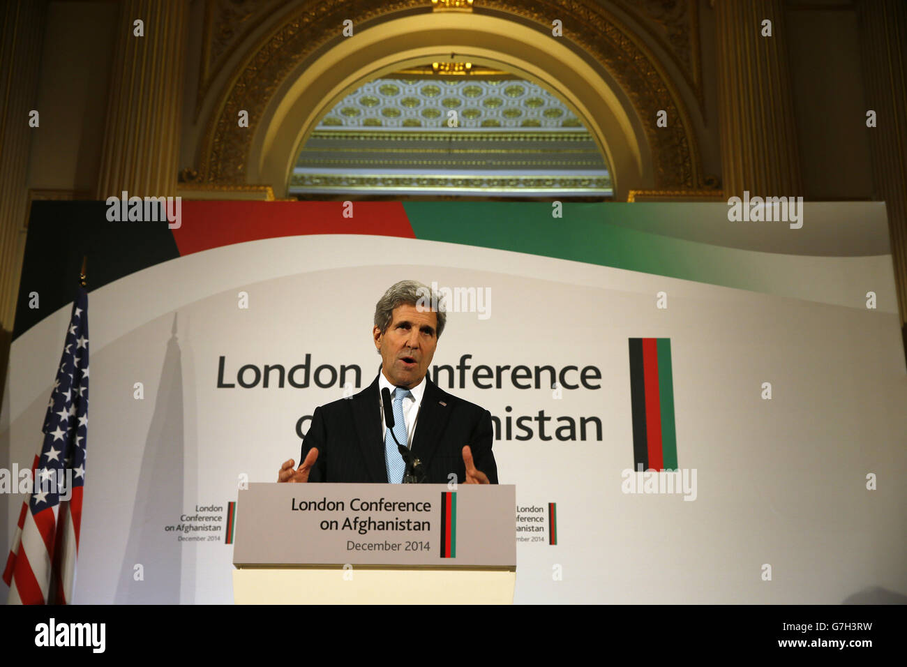 US Secretary of State John Kerry, speaks during a press conference at the London Conference on Afghanistan, at Lancaster House in central London. Stock Photo
