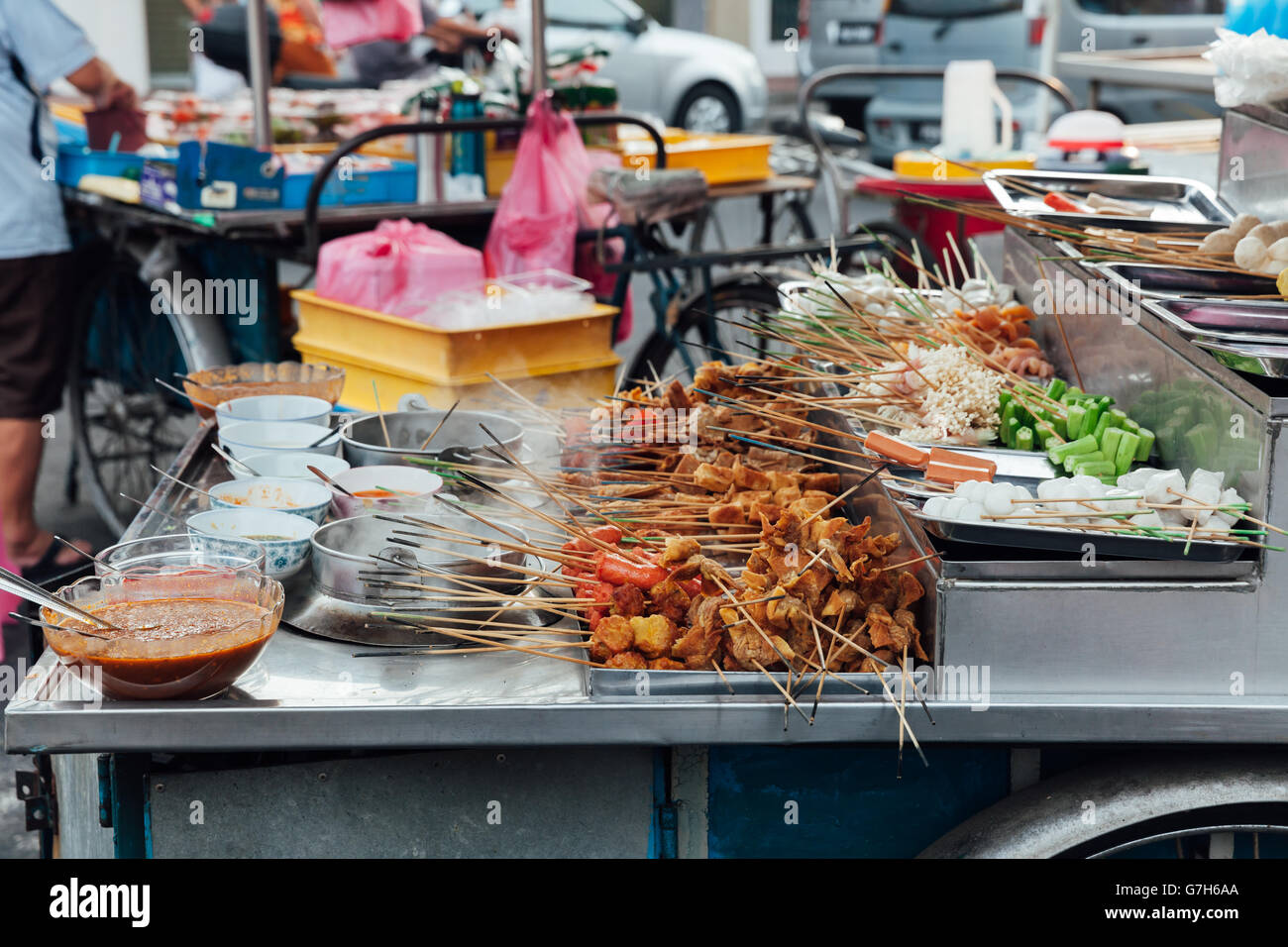 Lok-Lok steamboat stall at the Kimberly Street Food Market, George Town, Penang, Malaysia. Stock Photo