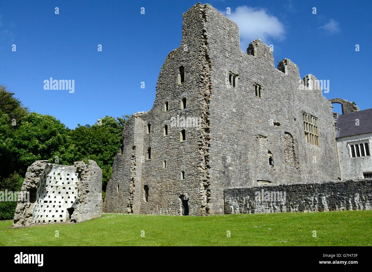 remains of dovecote and walls of Oxwich Castle Grade 1 listed castle Gower Peninsula Wales Stock Photo