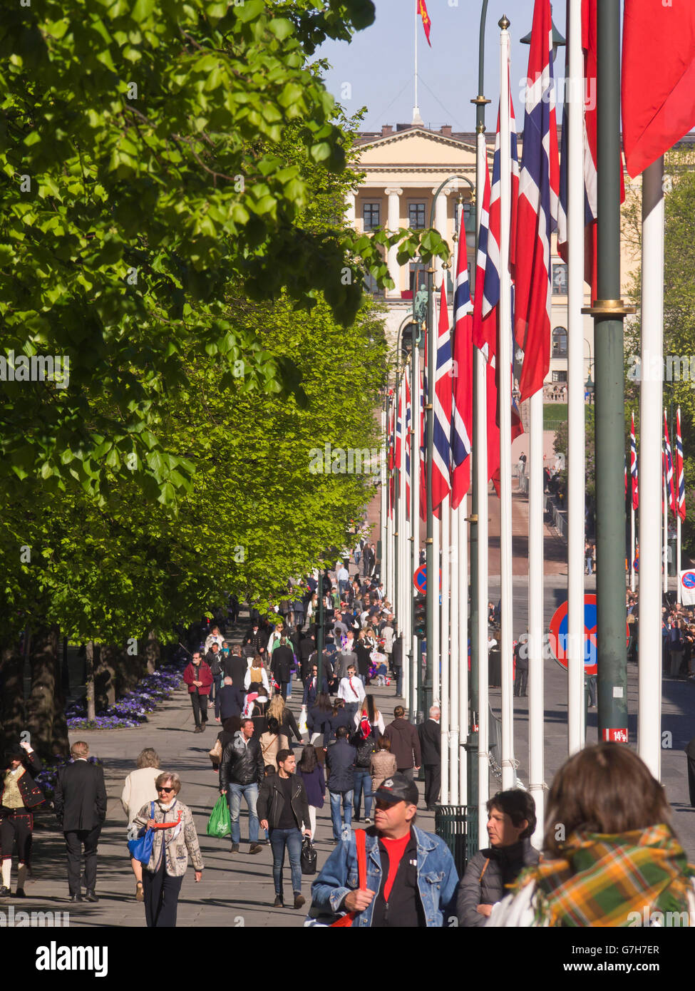 Karl Johan the parade street in Norwegian capital Oslo, flags leading