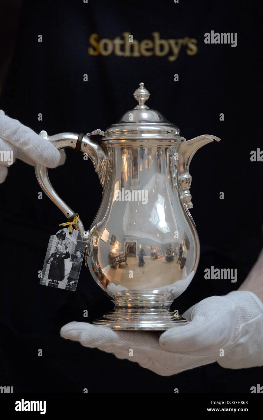 The War Cabinet Jug by Comyms & Son 1942 is displayed during the press viewing of Daughter of History, Mary Soames and the Legacy of Churchill at Sotheby's auction house, London. PRESS ASSOCIATION Photo Picture date: Friday December 12, 2014. Charting Lady Soames' life, the collection chronicles historical moments of the 20th Century, while also presenting an intimate portrait of Winston Churchill and his family. Photo credit should read: Anthony Devlin/PA Wire Stock Photo