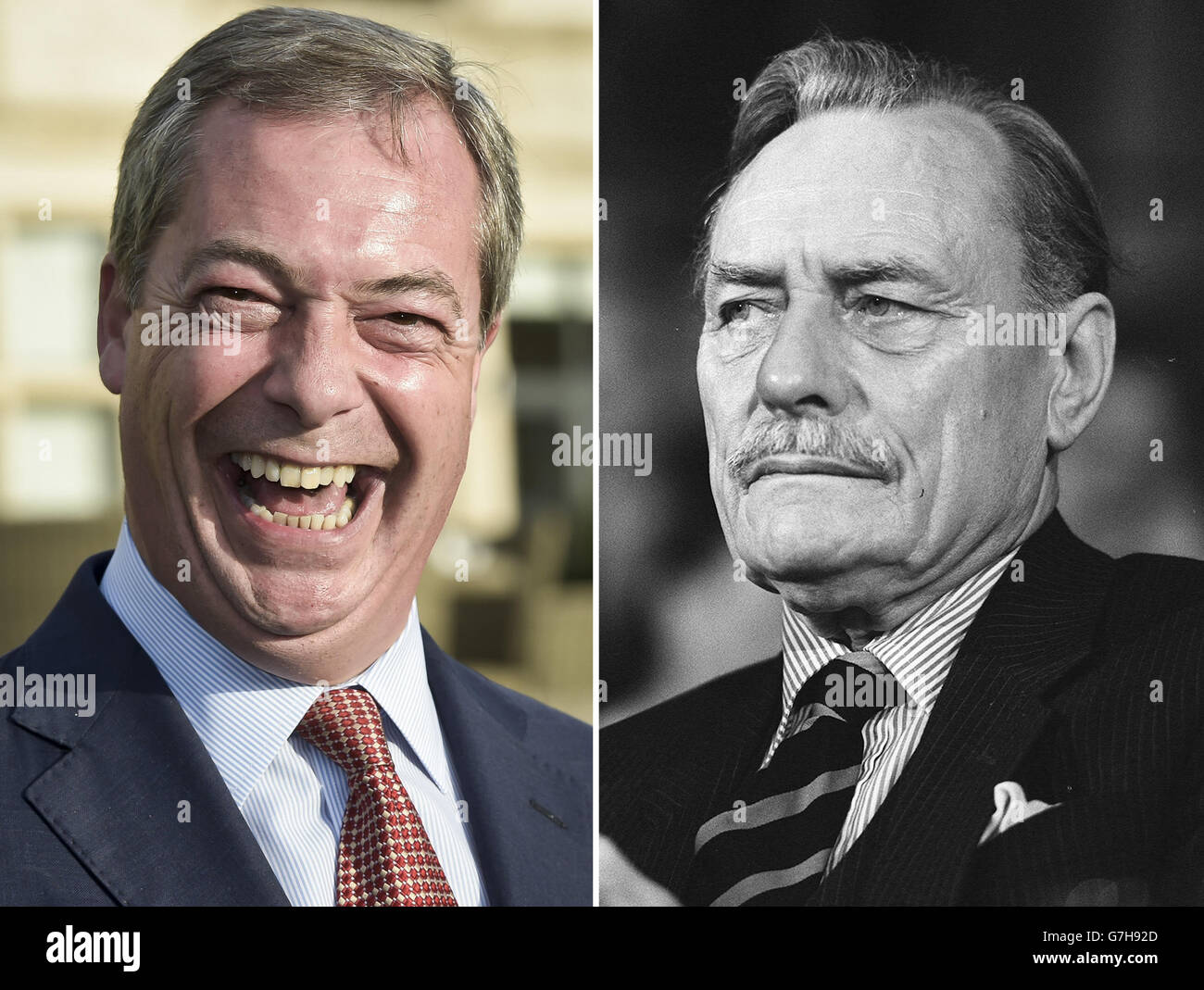 Undated file photos of Nigel Farage and Enoch Powell (right). The Ukip leader tried and failed to secure the public backing of Powell for a by-election campaign 20 years ago, it was reported. Stock Photo