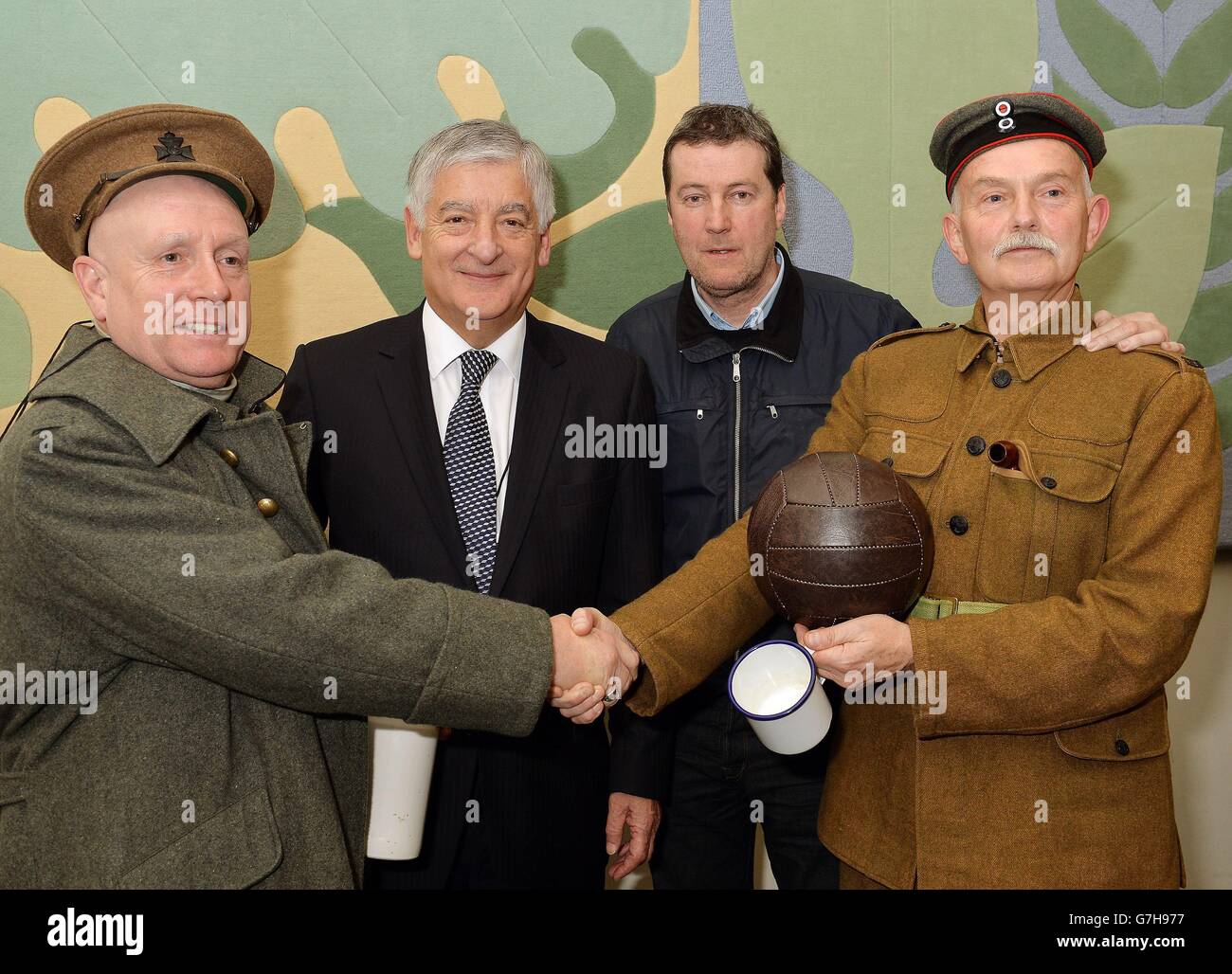 (left to right) Fritz Brandt, David Bernstein, Peter Hooton, and Andrew Morgan at Portcullis House, Westminster in London, as they promote the charity single by The Peace Collective called 'All Togeather Now' which will be released to tie in with the Football match by British and German troops on the western front during the First World War in 1914. Stock Photo