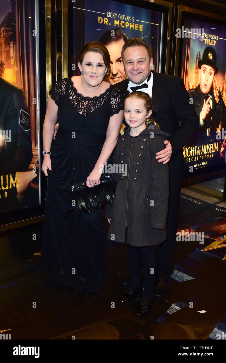 Sam Bailey, husband Craig Pearson and daughter Brooke attending the European film premiere of Night of the Museum: Secret Of The Tomb at Empire Leicester Square, London. Stock Photo