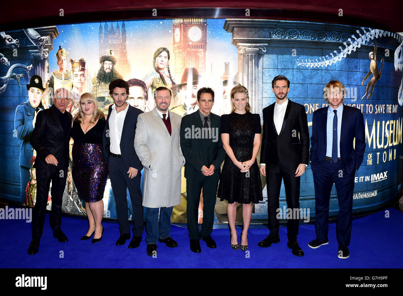 Sir Ben Kingsley, Rebel Wilson, Shawn Levy, Ricky Gervais, Ben Stiller, Alice Eve, Dan Stevens and Owen Wilson attending the European film premiere of Night of the Museum: Secret Of The Tomb at Empire Leicester Square, London. Stock Photo