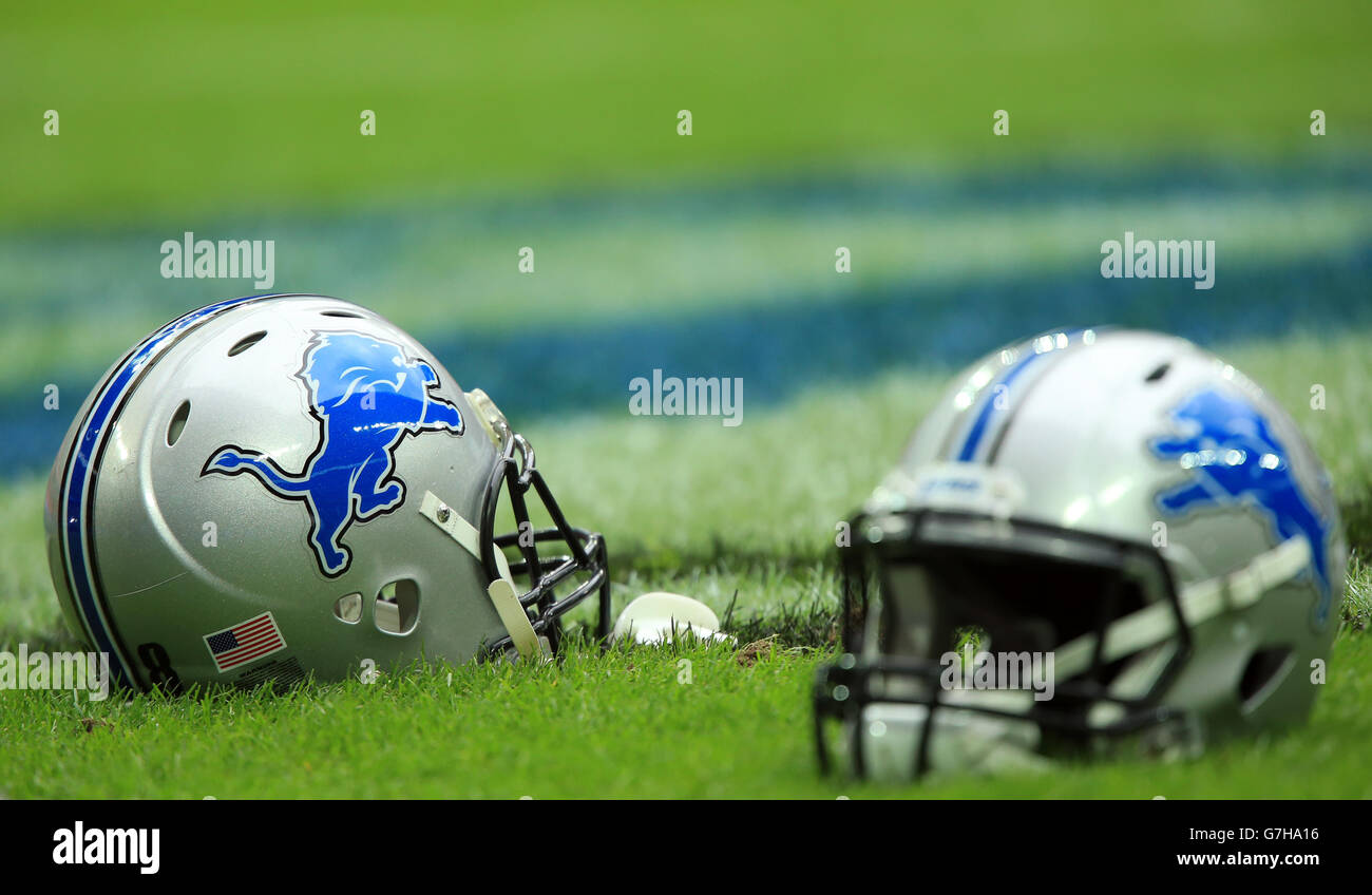 American Football - NFL International Series 2014 - Detroit Lions v Atlanta Falcons - Wembley Stadium. A general view of a pair Detroit Lions' helmets Stock Photo
