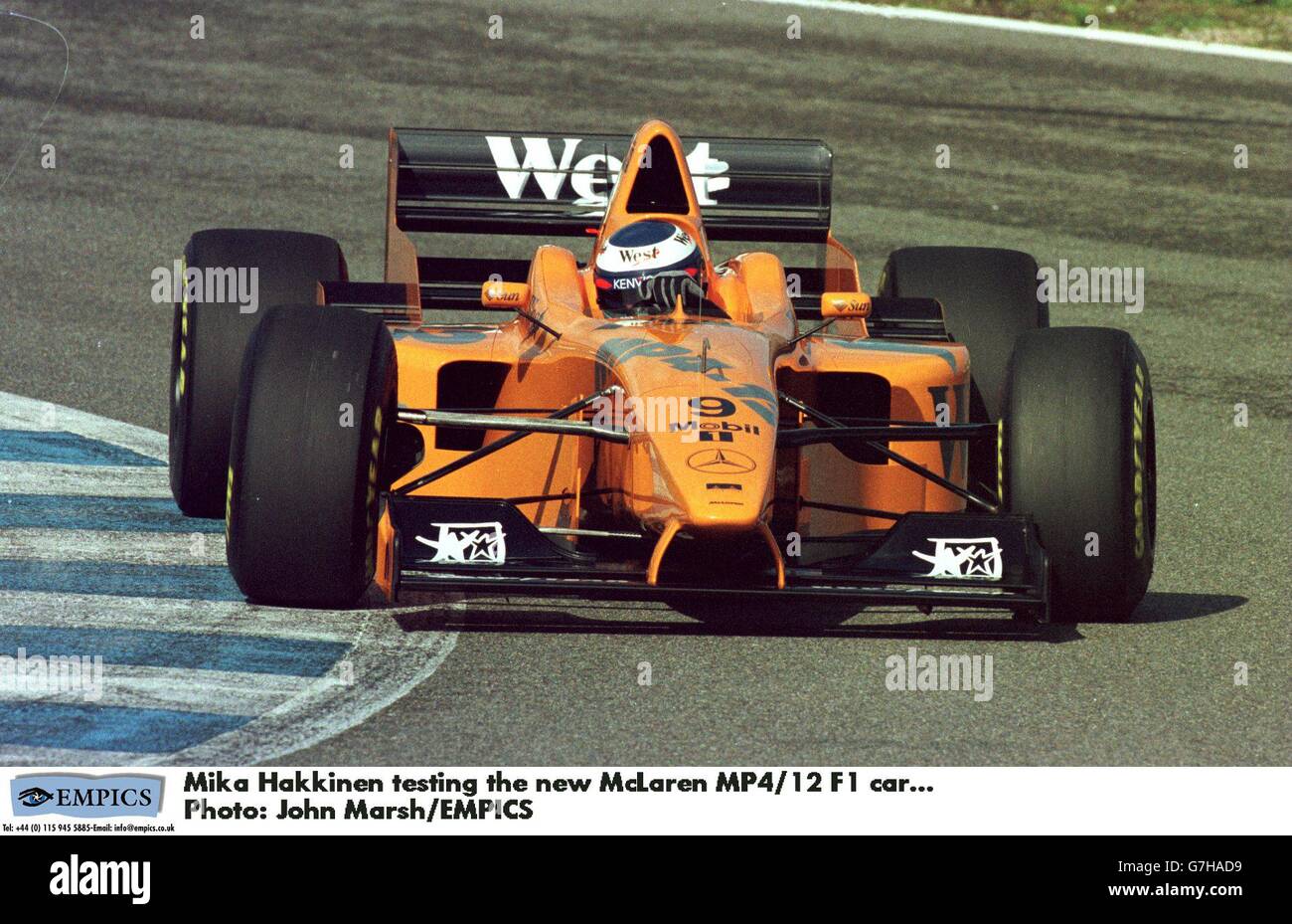 Mika hakkinen testing the new mclaren mp4 12 f1 car hi-res stock