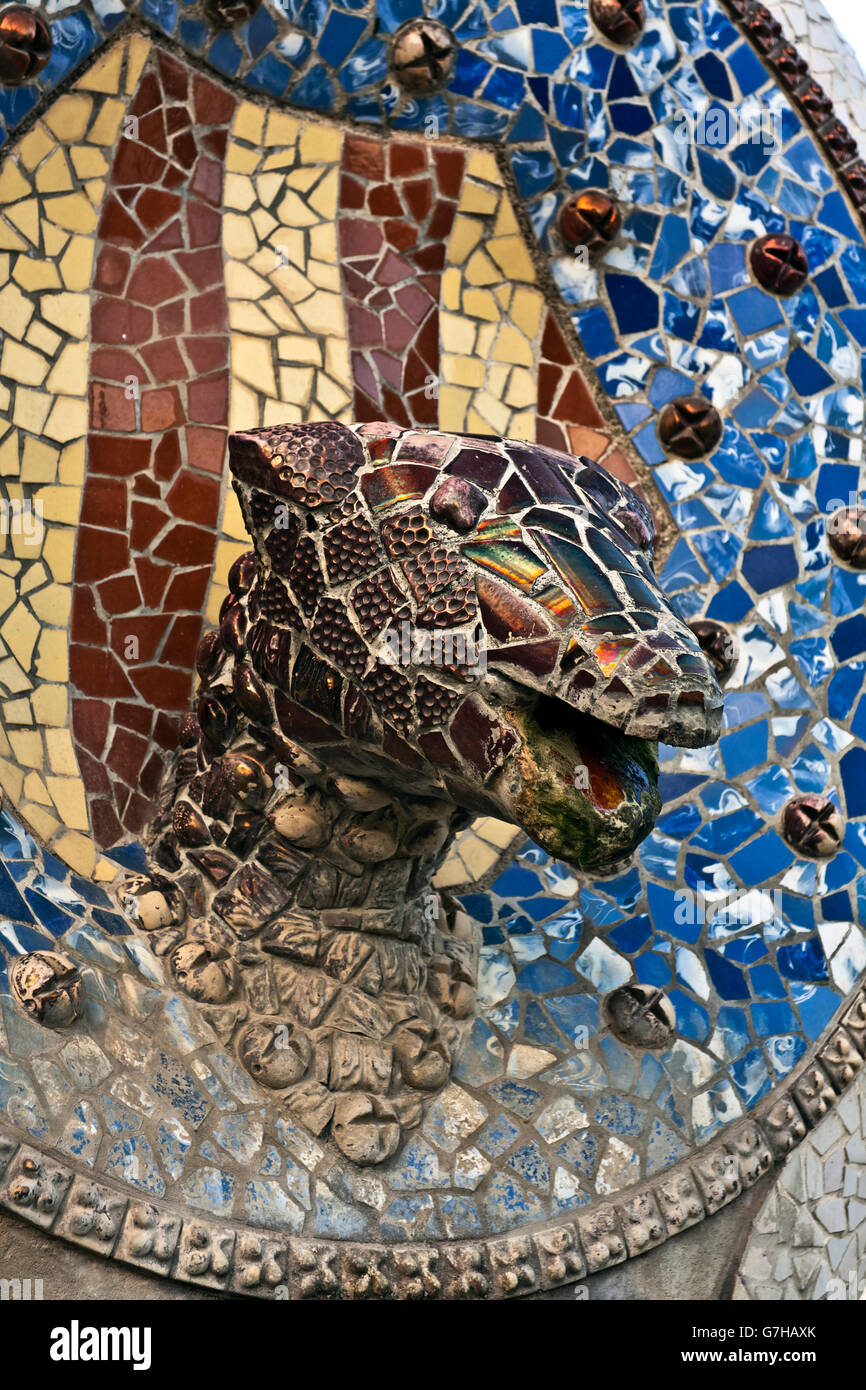 Animal head sculpture, majolica mosaic, Gaudi architecture, Parc Guell, UNESCO World Heritage