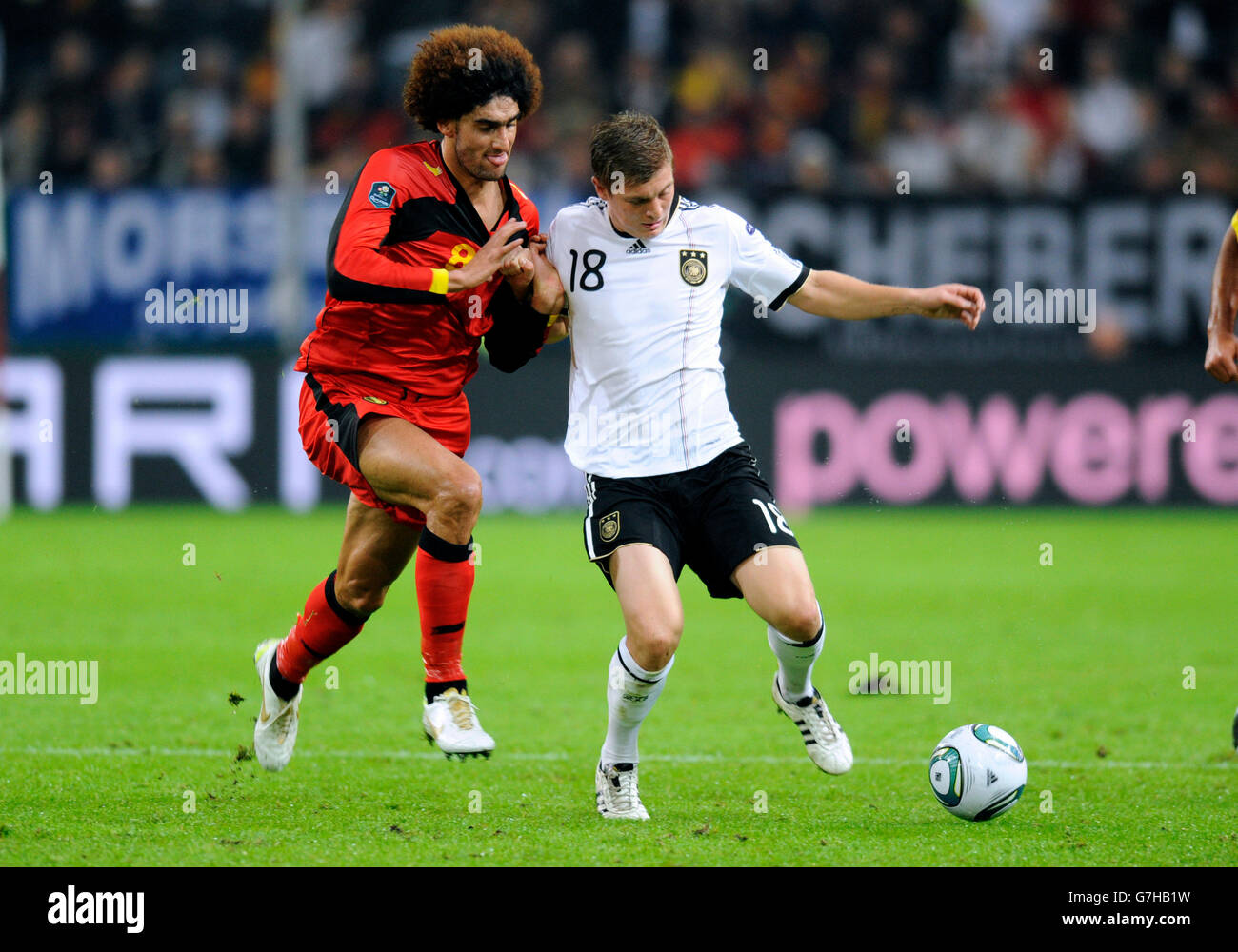 Toni Kroos, Germany, Marouane Fellaini, Belgium, football qualification match for the UEFA European championship 2012 Stock Photo