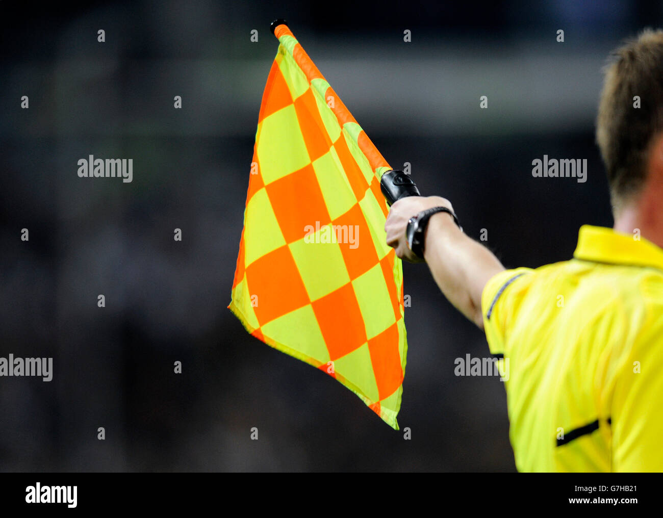 Flag of the assistant referee, football qualification match for the UEFA European championship 2012, Germany - Belgium 3:1 Stock Photo