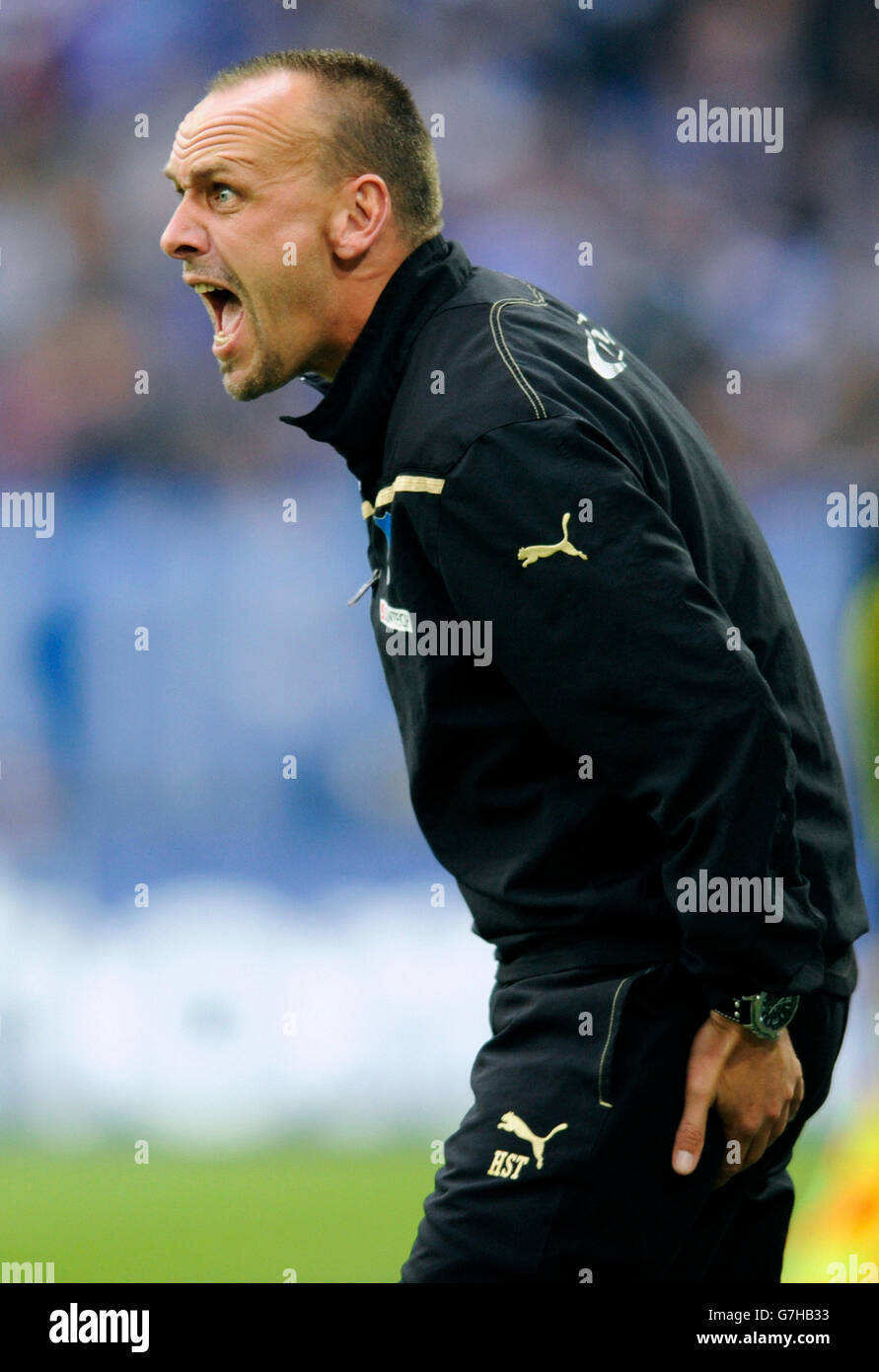 Holger Stanislawski, energetic manager of Bundesliga football club Hoffenheim during match between Schalke 04 3 Stock Photo