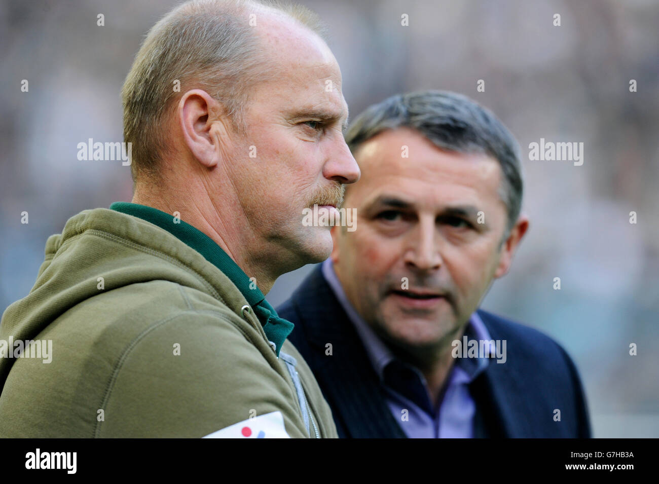 Coach Thomas Schaaf and Klaus Allofs Manager, both of Bremen, German football Bundesliga, VfL Borussia Moenchengladbach vs. SV Stock Photo