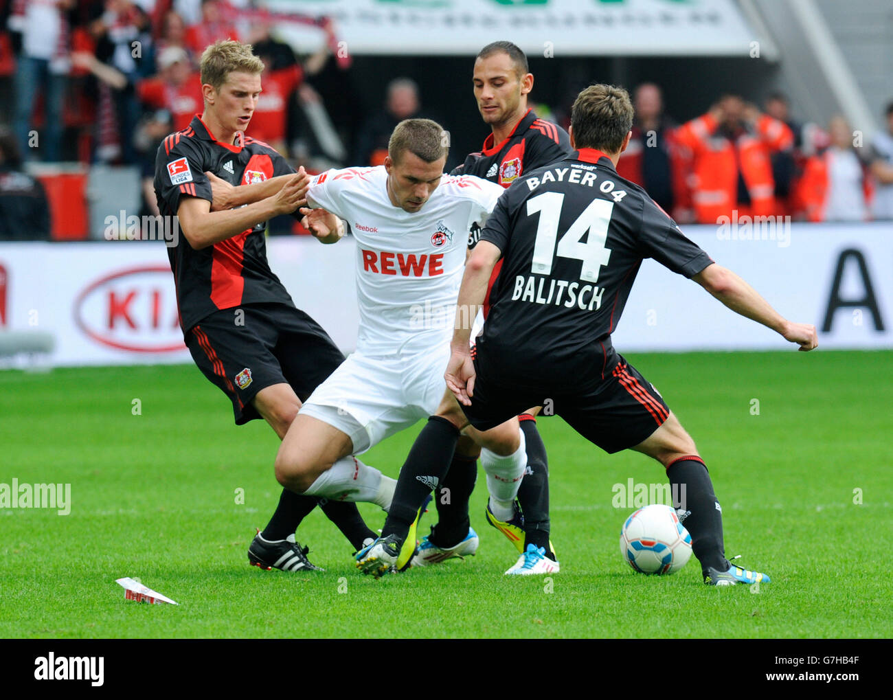Lars Bender, Leverkusen, Lukas Podolski, Cologne, Oemer Toprak, Leverkusen, Hanno Balitsch, Leverkusen, from left, Bundesliga, Stock Photo