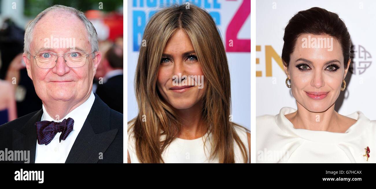 File photos of (from the left) Jim Broadbent, Jennifer Aniston and Angelina Jolie. Stock Photo